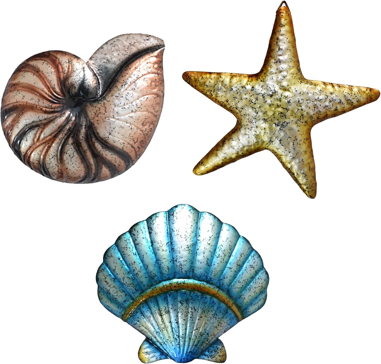 3-Piece Metal Beach Wall Decor Set - Ocean-Inspired Sea Star, Shell, and Conch Designs